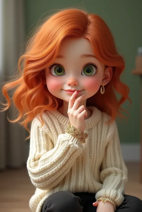 A five-year-old girl with red hair and green eyes wears a white sweater, black pants, a gold bracelet and a soft gold earring 