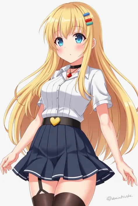 Blonde anime girl with long hair, blue eyes, small tits, big ass and thick thighs. Wearing thigh highs, a skirt and a crop top. She has hair clips and look girly and feminine. She also has a heart choker. She has visably a remote vibrator in.