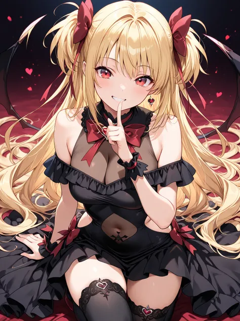 ((masterpiece, best quality, extremely detailed)), 1girl, blonde hair, long hair, red eyes, demon girl, fluffy, (magical girl, off-shoulder dress, sleeveless dress, navel cutout, see-through navel, side cutout, see-through cleavage, frills), black thighhig...