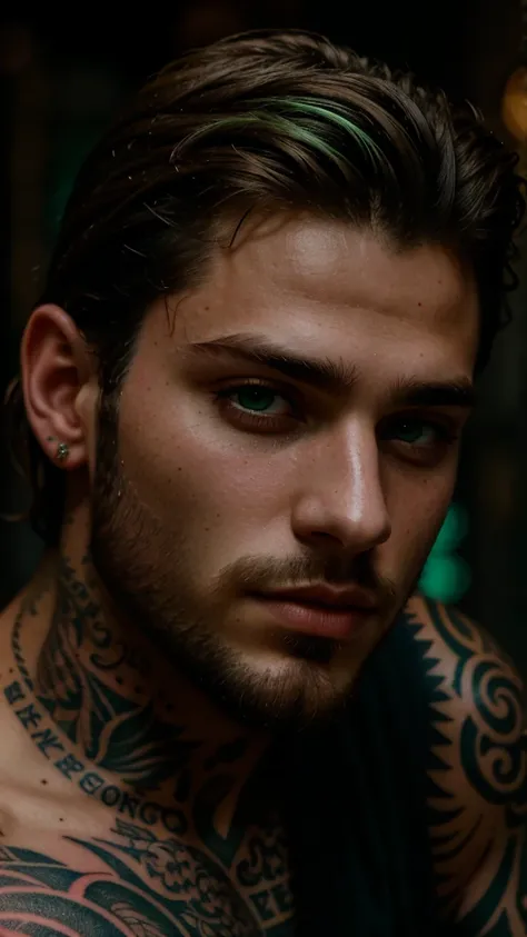 male portrait, beautiful face ,stubble beard perfect face, deliberate, masterpiece, best quality, highest quality, cinematic lighting, very beautiful, ultra realistic, tattoos, tattooed, beautiful, vivid green eyes 