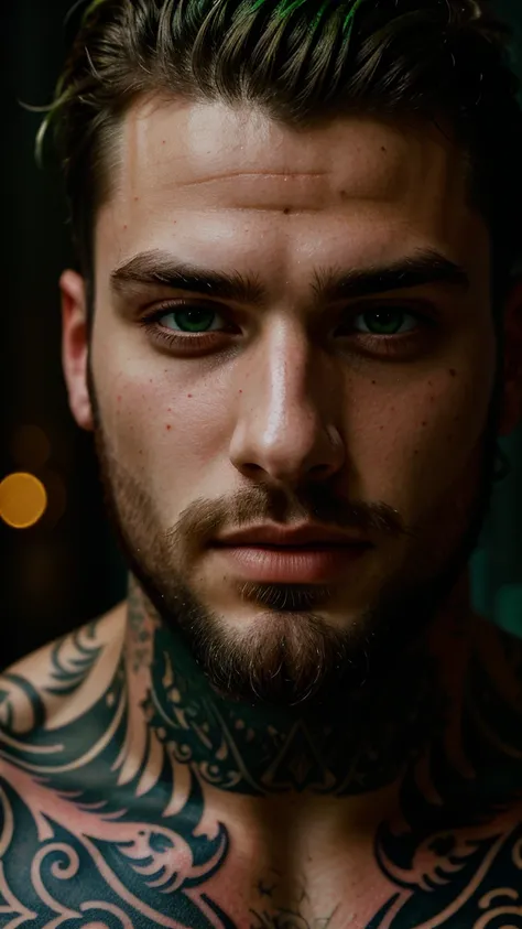 male portrait, beautiful face ,stubble beard perfect face, deliberate, masterpiece, best quality, highest quality, cinematic lighting, very beautiful, ultra realistic, tattoos, tattooed, beautiful, vivid green eyes 