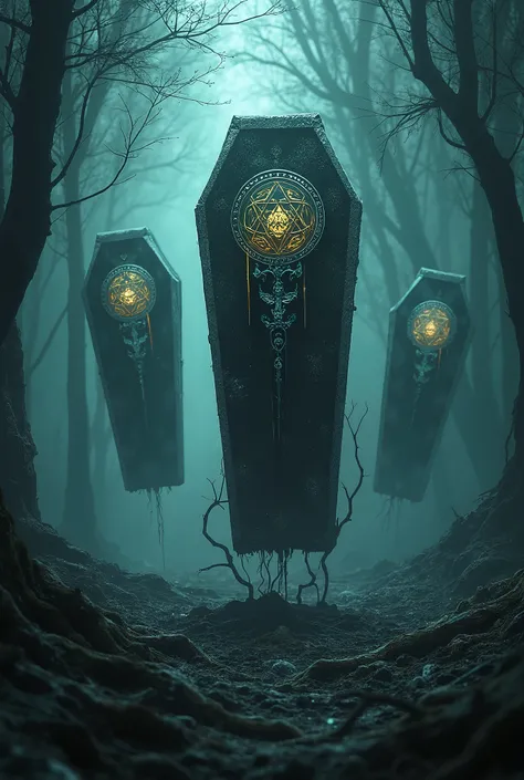 suddenly,  black coffins emerge from the ground  ,  raised by spectral currents  ,  pulsating shadows or dead roots that twitch . Caskets are not common — they are formed by dark energy ,  arcane symbols shining on their lids ,  old seals shaking as if fig...