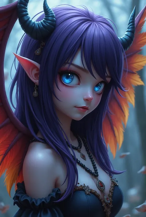  Creates the image of a demon girl with dark purple hair , Her eyes are a cyan blue color and are very bright , Furthermore,  His skin is pale as snow .  Her clothes are made of a fabric that looks like feathers and she has angel wings,  with shiny feather...