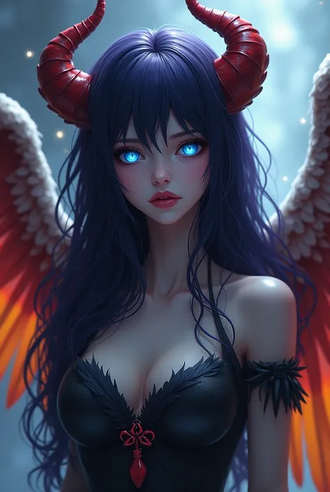  Creates the image of a demon girl with dark purple hair , Her eyes are a cyan blue color and are very bright , Furthermore,  His skin is pale as snow .  Her clothes are made of a fabric that looks like feathers and she has angel wings,  with shiny feather...