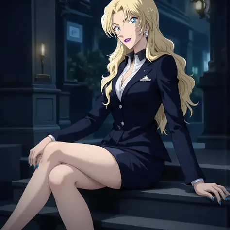 solo, 1girl, lipstick, long_hair, jewelry, earrings, blue_eyes, makeup, formal, suit, purple_lips, blonde_hair , sitting , full_body_view ,bare_foot , toenails 