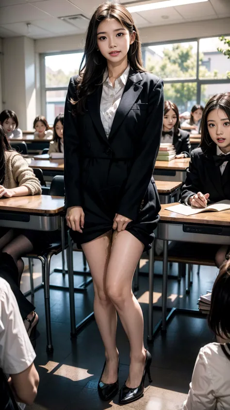  female teacher pees at the student's graduation ceremony  、Urinary incontinence、Leaking a lot of pee、Female teachers are Japanese elementary school teachers 々 looking at viewers with an arrogant expression  、from below、  staring at viewers、  black suit 、 ...