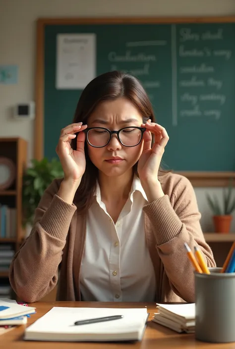 a teacher whose glasses are too dirty so she needs to clean them up