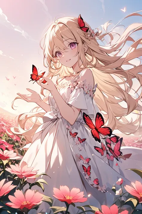   animation,(face),( beautiful attention to detail),  gold hair,  pink eyes,  long hair, Naturally loose hair , red butterfly dress,  stylish, flower field and sky background, A red butterfly , Point your palm to the sky,  butterfly sits on the palm of you...