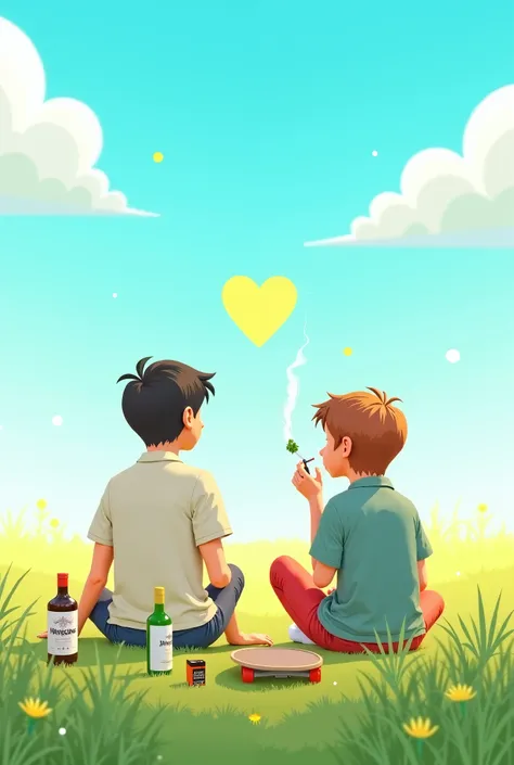  Create an animated image of a boy and a girl with long hair sitting in the grass on a sunny day with white clouds where the boy is holding a paper with something green in his hands, While the girl is lighting a white cigarette with a lighter. Around it pu...