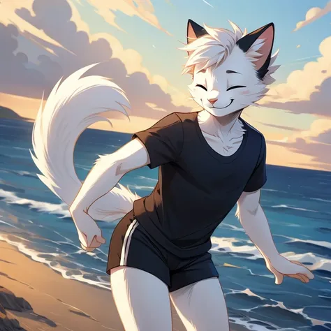 furry, furry cat, male furry cat, white fur, grey markings, blue eyes, messy frisk hairstyle matching white fur, black t-shirt, blue sporty shorts, male anatomy, perfectly drawn eyes, perfectly drawn anatomy, perfectly drawn torso, perfectly drawn arms, pe...