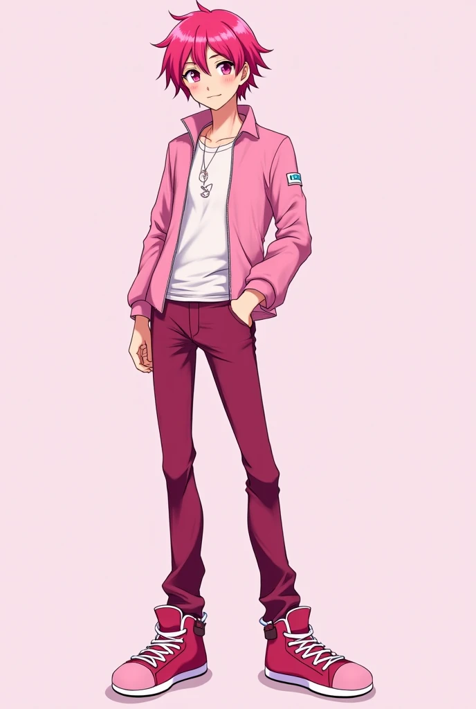 Handsome male anime character Dark pink eyes, light pink, dark pink hair, light pink, dark pink blouse, unbuttoned 2 zig-pack beads, dark pink pants, light pink, dark pink sneakers, cool clothes with magic power, dark pink, dark pink heart Soft Poo