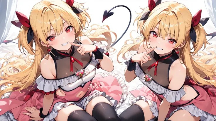 ((masterpiece, best quality, extremely detailed)), 1girl, blonde hair, long hair, red eyes, demon girl, fluffy, (magical girl, off-shoulder dress, sleeveless dress, navel cutout, see-through navel, side cutout, see-through cleavage, frills), black thighhig...