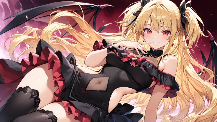 ((masterpiece, best quality, extremely detailed)), 1girl, blonde hair, long hair, red eyes, demon girl, fluffy, (magical girl, off-shoulder dress, sleeveless dress, navel cutout, see-through navel, side cutout, see-through cleavage, frills), black thighhig...