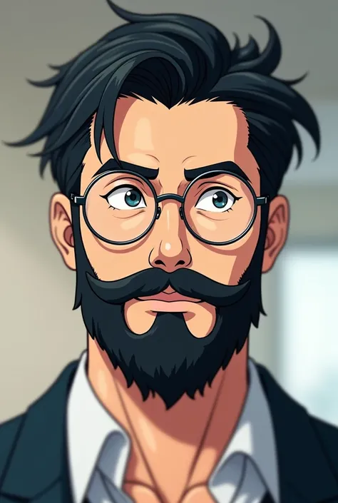 Create a white male anime character,  short black hair , full black beard,  round glasses, Is he an optometrist