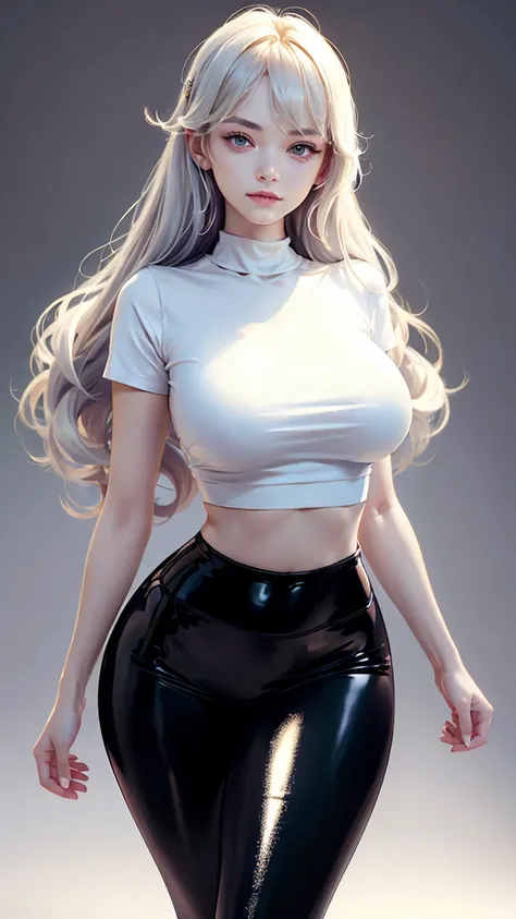 a beautiful young woman with long white hair, Bronya Zaychik, wearing a tight underboob t-shirt and latex leggings, flaunting her perfect hourglass figure, slim waist, sexy curves, beautiful smile, 8k, ultra-detailed, realistic, photorealistic, masterpiece...