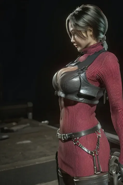 masterpiece, best quality, 1 girl, sonyablade with face asian like pornstars nuked sexy, blonde hair, ponytail, blue eyes, vest, abs, boots, hot dress, breasts large chest, cleavage, dog tags, fingerless gloves, midriff, navel, pants, solo, background blac...