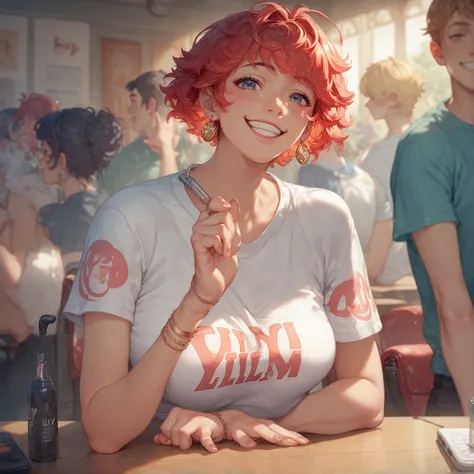  a smiling girl with short red hair wears a t-shirt with the inscription  ((((Kimly Kiury )))) The visible inscription that sings on a stage   ,you can see the whole body ,  also wears a miniskirt and the girl is smiling all well detailed all obsessive mas...