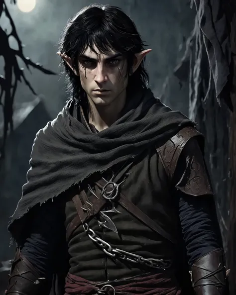 ((Half-elf rogue boy)), wood elf, lean, agile build, long unkempt black hair, piercing eyes of sorrow and rage,  ((scars and wounds)), (tattered cloth: 1.5), tattered dark cloak, poor travelers clothing, arm scars, makeshift bandage, eerie wooden-bone amul...