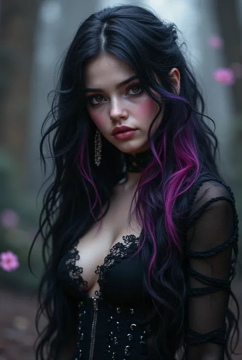 A young woman with long wavy black hair with pink and purple skunk highlights, brown eyes, and goth clothes 