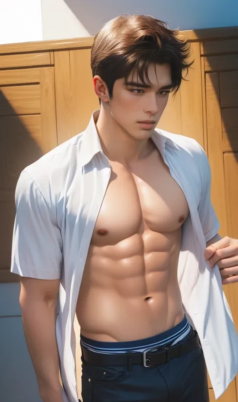 handsome men, adult male model, korea face, high resolution 8k, ultra detailed, hdr, hd face, eyes details, face detail, muscle realistic, black eyebrows, black eyelashes, perfect face, real skin texture, hand details, finger details, Real and complete han...