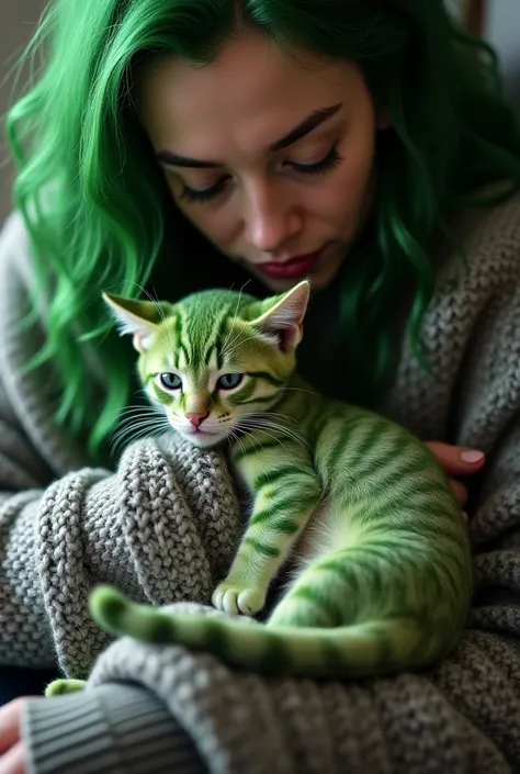 A zombie cat looks like it 5 months old with cute green fur and laying on the lap of a  who was wearing an over sized sweater that went to her knees and over har hands as the zombie cat snuggle up in her lap the owner also had green hair like the kitten