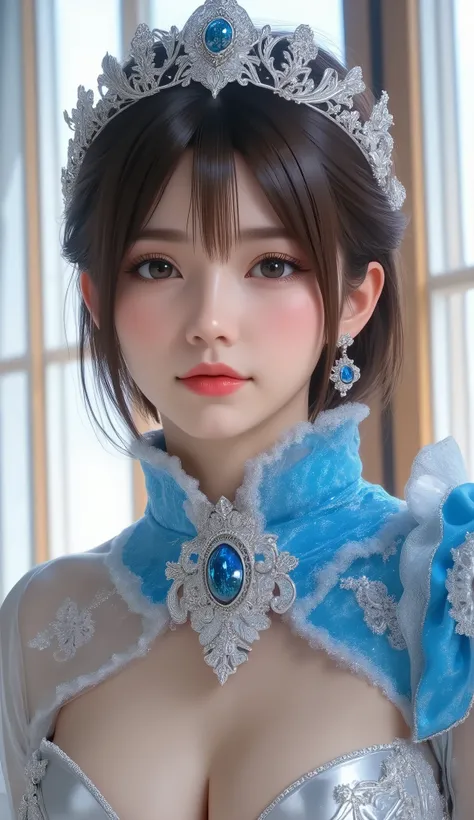 Close-up of a woman in a silver and blue dress, ArtStationの程維潘, Jan J,  Detailed Fantasy Art ,   beautiful character art  ,  In the form of、 Fan Art Best Art Station ,  Spectacular Exquisite Character Art , Beautiful Armor,  a very detailed term,  detailed...