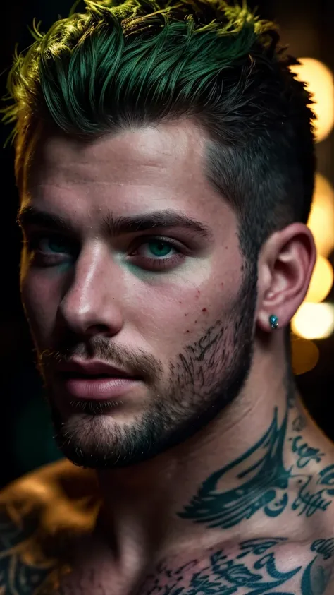 male portrait, beautiful face ,stubble beard perfect face, deliberate, masterpiece, best quality, highest quality, cinematic lighting, very beautiful, ultra realistic, tattoos, tattooed, beautiful, vivid green eyes 