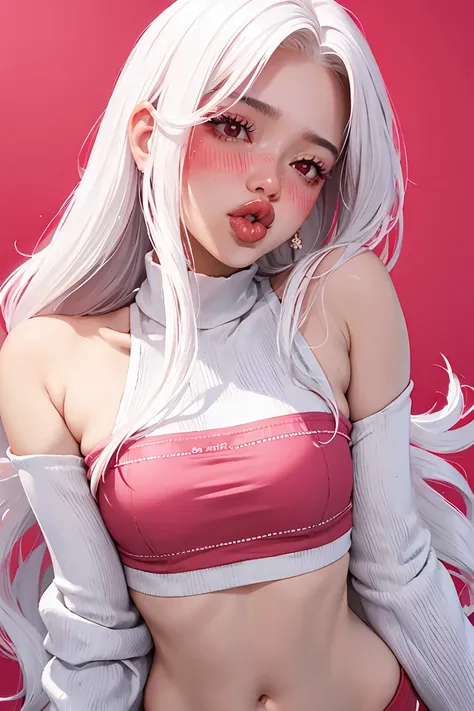 realisticlying、one girl, crop top,，Face enhancement，long hair, Blushing，pink crop top, Red lips,，Open your mouth wide、 white hair, lipgloss, lip focus,