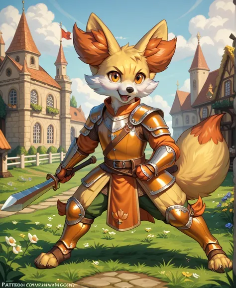 furry, solo, male anthro Fennekin, Fennekin, fluffy, detailed fluffy fur, wearing orange armor, high resolution, best quality, orange eyes, detailed eyes, medieval background, attacking pose