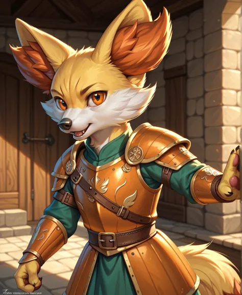 furry, solo, male anthro Fennekin, Fennekin, fluffy, detailed fluffy fur, wearing orange armor, high resolution, best quality, orange eyes, detailed eyes, medieval background, attacking pose