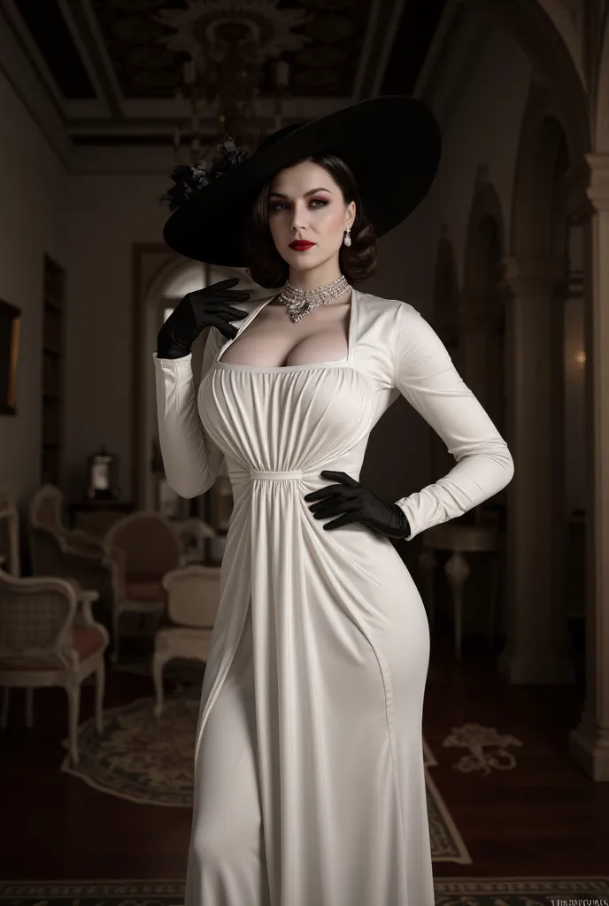  Alcina Dimitrescu , Black hat,  white dress with a long ,  neckline tucking down the dress and showing the breasts, in a medieval mansion  ((Bimbo)) ((close up))