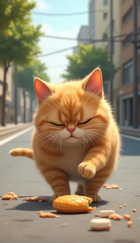 
---

Scene 1 (0-5 seconds):
Prompt:
A chubby cat is walking down the street, noticing a snack in front of it. The cat is slowly approaching the snack, with a slight smile on its face, focused on the food. The background shows a typical city street with a ...