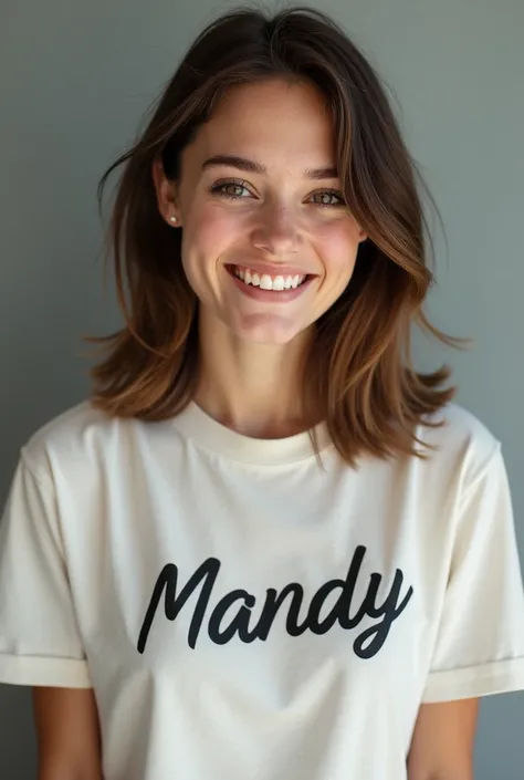 Can you the text “mandy” on her shirt?