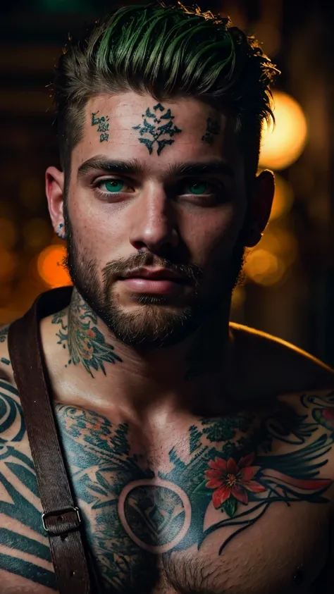 male portrait, beautiful face ,stubble beard perfect face, deliberate, masterpiece, best quality, highest quality, cinematic lighting, very beautiful, ultra realistic, tattoos, tattooed, beautiful, vivid green eyes 