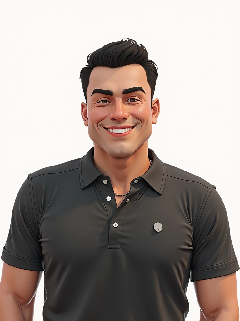 [30-year-old man, short black hair, no beard, 1.80, dark brown eyes, rounded face, a small mole on the right chin, white skin, normal build.] Facial expressions: [The character smiling, arched eyebrow.] Clothing and accessories: [Black polo shirt.] Persona...