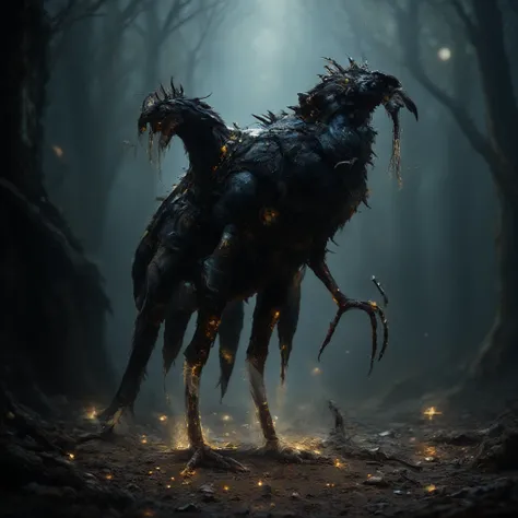 Fantasy image. A large crow has 3 legs, with a golden light piercing on its legs and head.