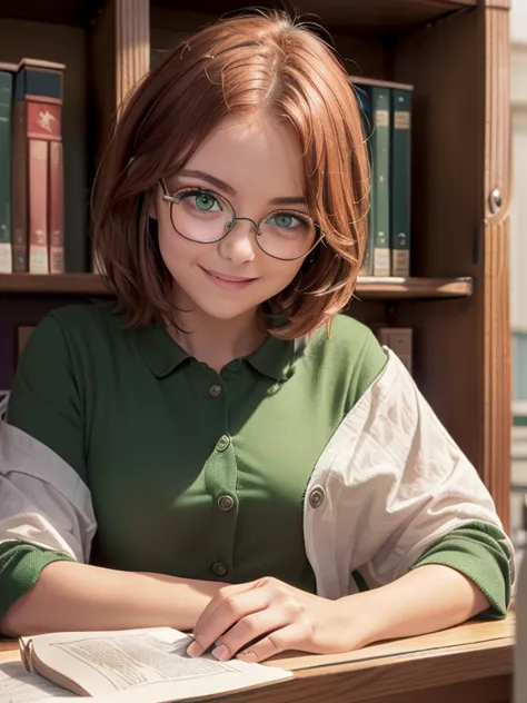 ( close-up,  upper body :1.6). Short,  red hair , ( green eyes:1.2), ( diopter glasses with metal frames:1.2), ( green shirt with buttons:1.2),  second-size chest,  smiling girl  (sitting at a desk at the bookcase war:1.8)