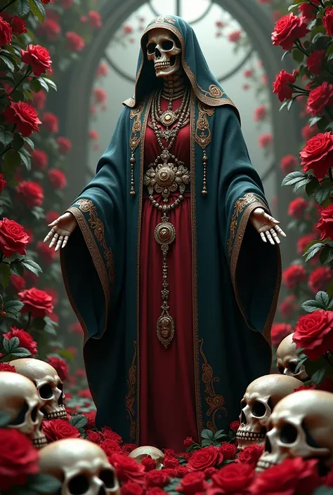 Santa Muerte with skulls and roses in the background