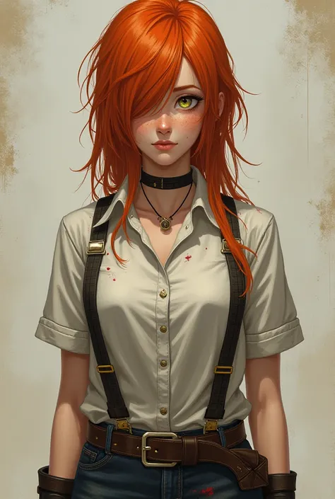  and an untidy red-haired orange ,  That she wears a white shirt of braces with oil stains ,  and with an athletic build , Defined and strong .  With light green eyes with yellow spots ,  and with reddish pupils with a crossed pattern .  y with part of her...