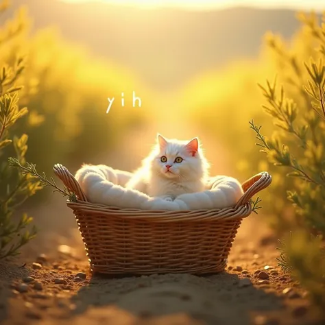  Create a cinematic image of a golden rosemary field,  the focus of the image is in the foreground .  The background is blurry and embedded .  In the foreground appears a wicker basket , with a cushion inside .  On the pillow a furry white cat .  Next to f...