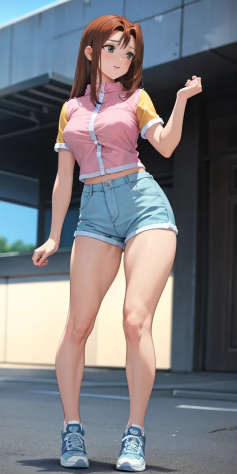   1 female,  high definition,  High resolution ,    ultra-realistic    ,8K, serenidaddm  ,   long hair,   brown hair,     pink shirt  ,   blue shorts  ,   gray eyes,    big breasts,  blue sneakers  ,   big breasts,European,sexy, Close-up of the upper torso...