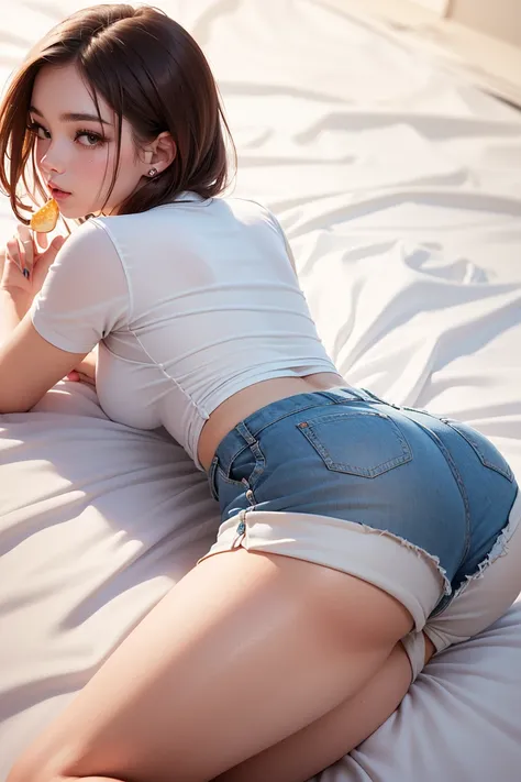 (( masterpiece,  top quality ,  high resolution, Highly detailed CG uniform 8k background image)),  The girl eats genitals in bed , (lying on white sheets , wears short shorts:1.5),  serious face,  big ass,  thighs exposed ,  view from behind, Observe from...