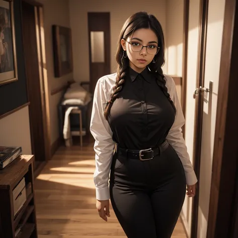 Dark photo style, Jacky a shy awkward short cute slightly chubby Mexican nerdy chola emo , medium slightly wild braided hair, cute detailed brown eyes, cutely detailed lips, cute highly detailed face, huge voluptuous sagging breasts, thin thighs, thin hips...