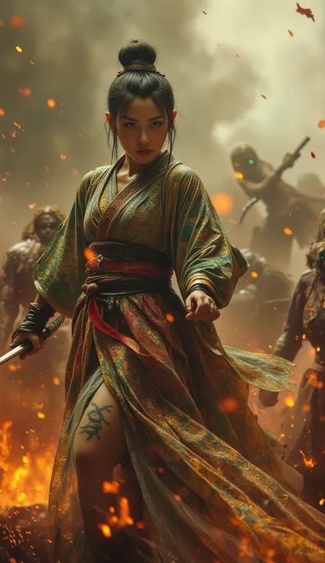 Full body view Japanese female warrior vs zombies, Japanese female warrior, kimono-clad, adorned in traditional armor, barefoot, wielding a katana, intricate full-body tattoos, executing acrobatic maneuvers, Japanese female warrior with a katana toss the z...