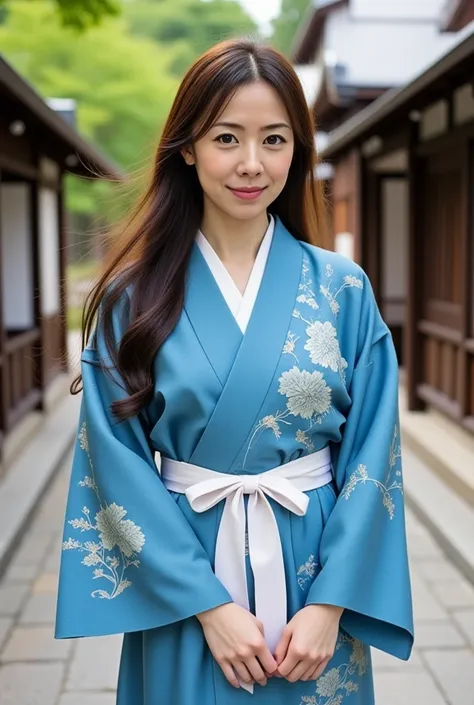 A stunning portrait of a beautiful Japanese lady in blue Kosode with the intrigued delicate embroidery with a long white sash. She is standing in a small road in a Japanese garden besides a tee house. Hair is swirling in the wind and her face is calm and r...