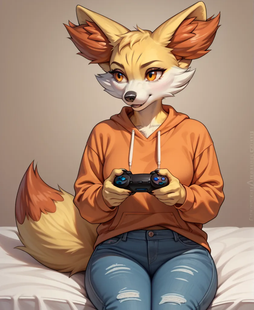 furry, solo, female anthro Fennekin, Fennekin, fluffy, detailed fluffy fur, wearing orange sweatshirt and jeans, high resolution, best quality, concentrated facial expression, furrowed eyebrows, looking away, orange eyes, detailed eyes, bedroom background,...