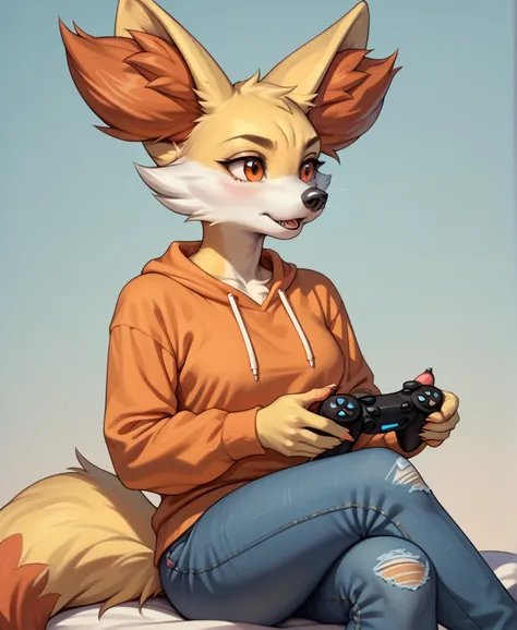 furry, solo, female anthro Fennekin, Fennekin, fluffy, detailed fluffy fur, wearing orange sweatshirt and jeans, high resolution, best quality, concentrated facial expression, furrowed eyebrows, looking away, orange eyes, detailed eyes, bedroom background,...