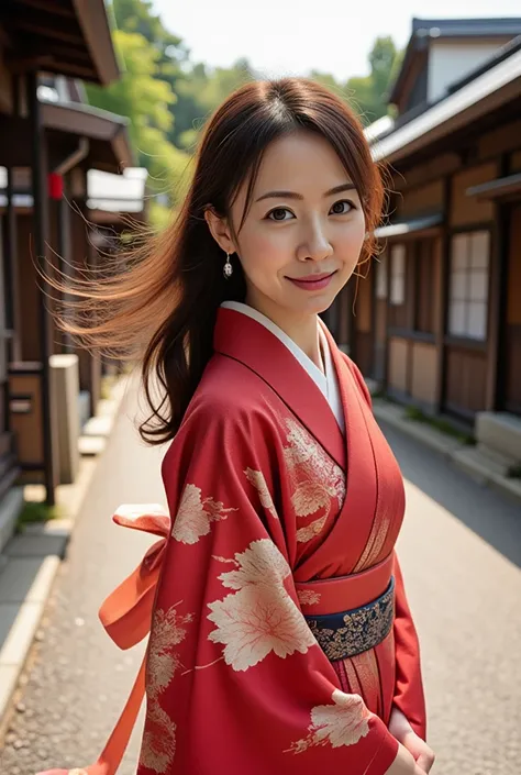 A stunning portrait of a beautiful Japanese lady in a red and white striped Kosode with the intrigued delicate embroidery with a long white sash. She is standing in a small road in a Japanese garden besides a tee house. Hair is swirling in the wind and her...