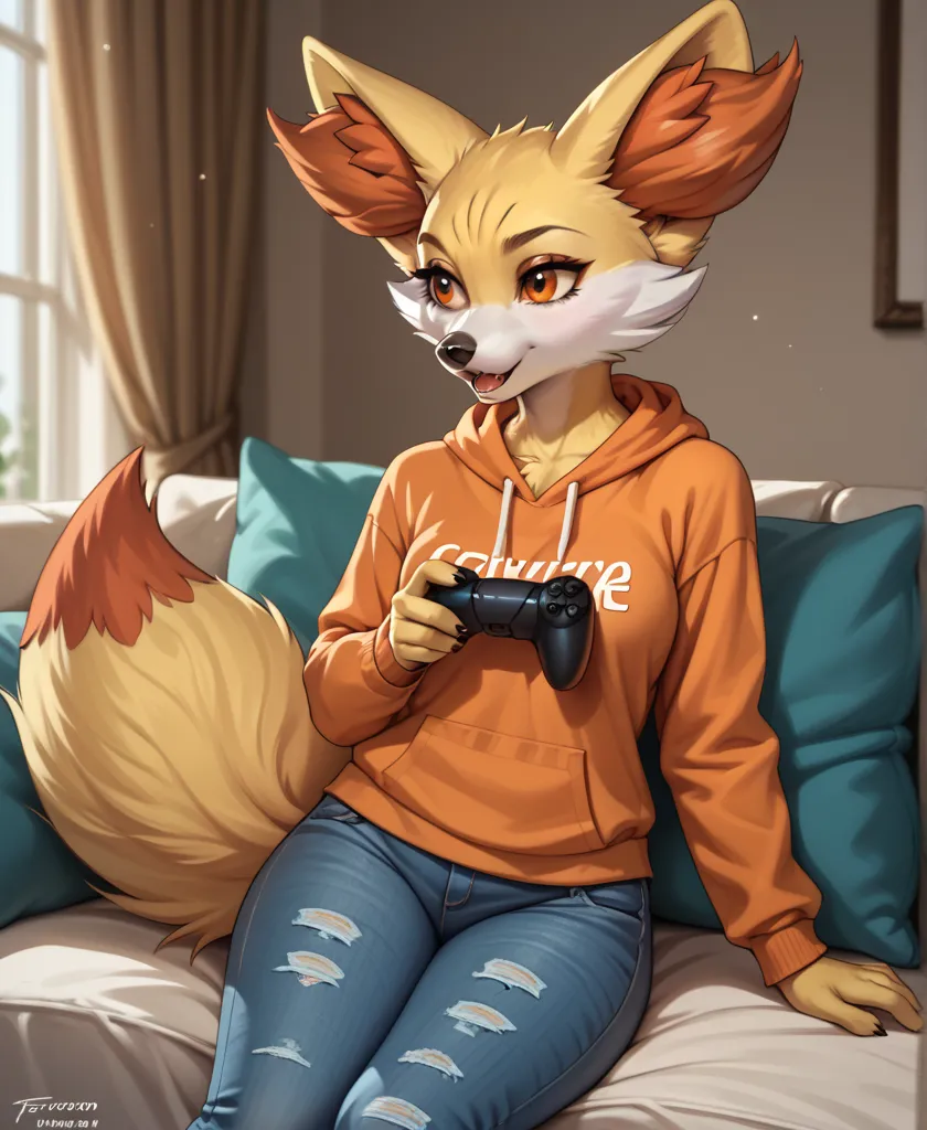 furry, solo, female anthro Fennekin, Fennekin, fluffy, detailed fluffy fur, wearing orange sweatshirt and jeans, high resolution, best quality, concentrated facial expression, furrowed eyebrows, looking away, orange eyes, detailed eyes, bedroom background,...