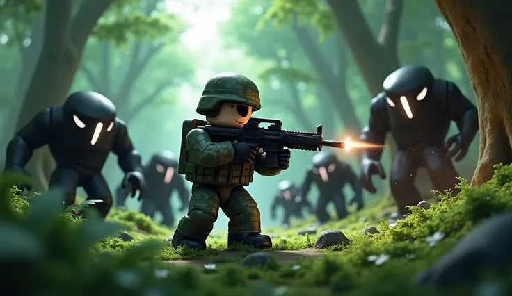 Draw me a Roblox soldier in the forest fighting black monsters with white eyes
